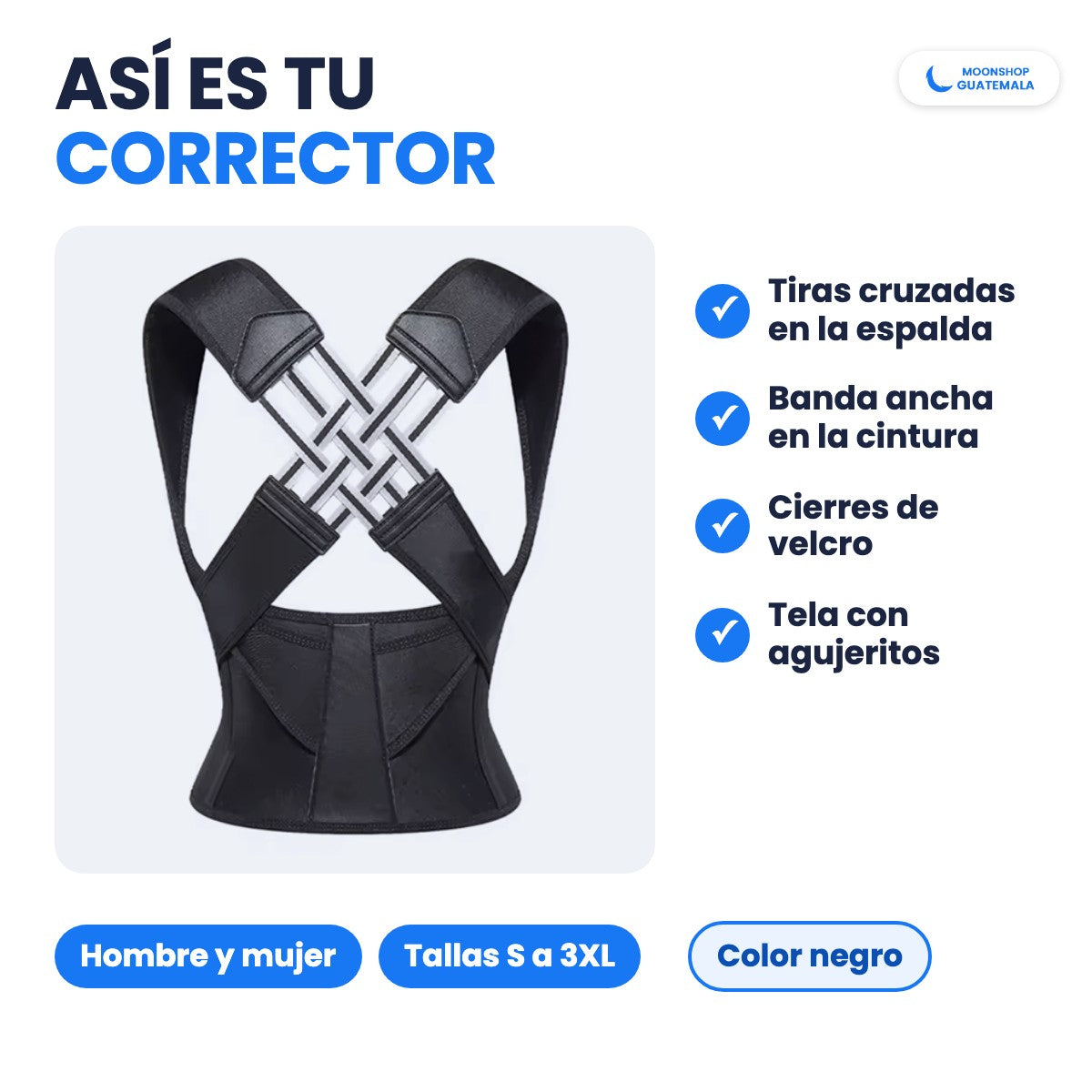 Corrector de postura negro visto de espalda: tiras cruzadas, banda ancha en la cintura, cierres de velcro y tela con agujeritos