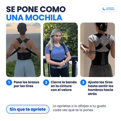 Cómo se pone el corrector de postura: pasa los brazos por las tiras, cierra la banda en la cintura con el velcro y ajusta las tiras