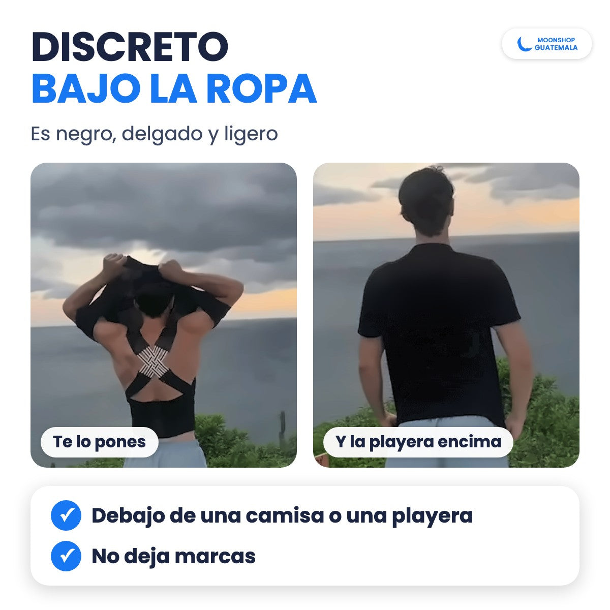 Hombre con el corrector de postura puesto y después con una playera negra encima: no se nota debajo de la ropa
