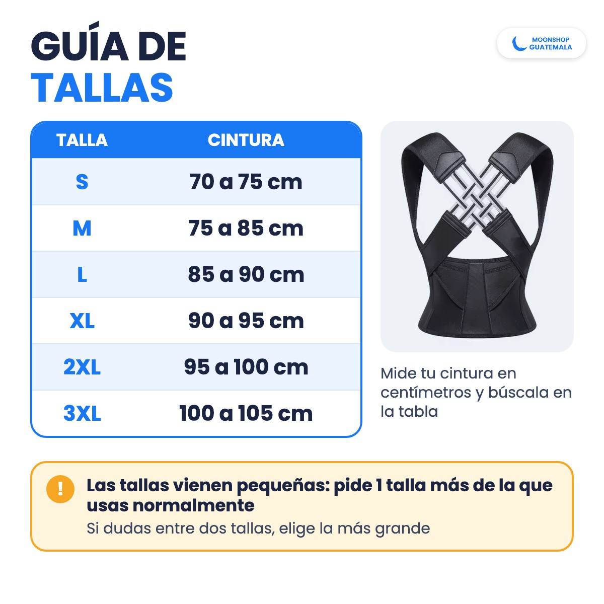 Guía de tallas del corrector de postura por medida de cintura, de S (70 a 75 cm) a 3XL (100 a 105 cm)