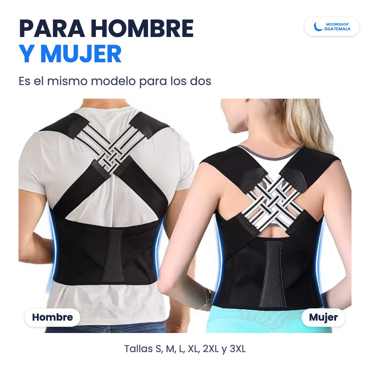 Hombre y mujer de espaldas con el mismo corrector de postura negro