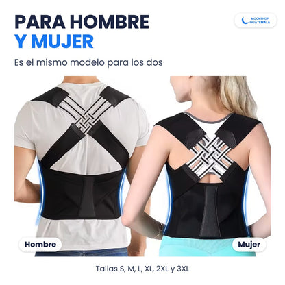 Hombre y mujer de espaldas con el mismo corrector de postura negro