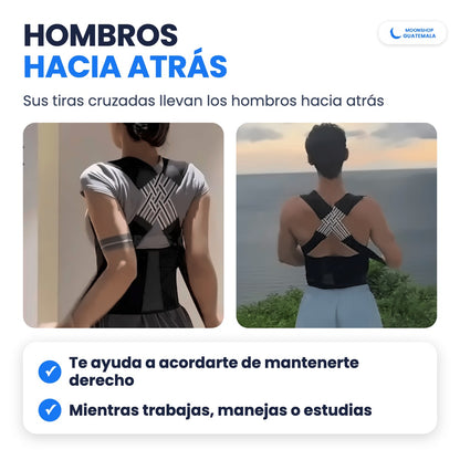 Mujer y hombre de espaldas con el corrector de postura puesto: sus tiras cruzadas llevan los hombros hacia atrás