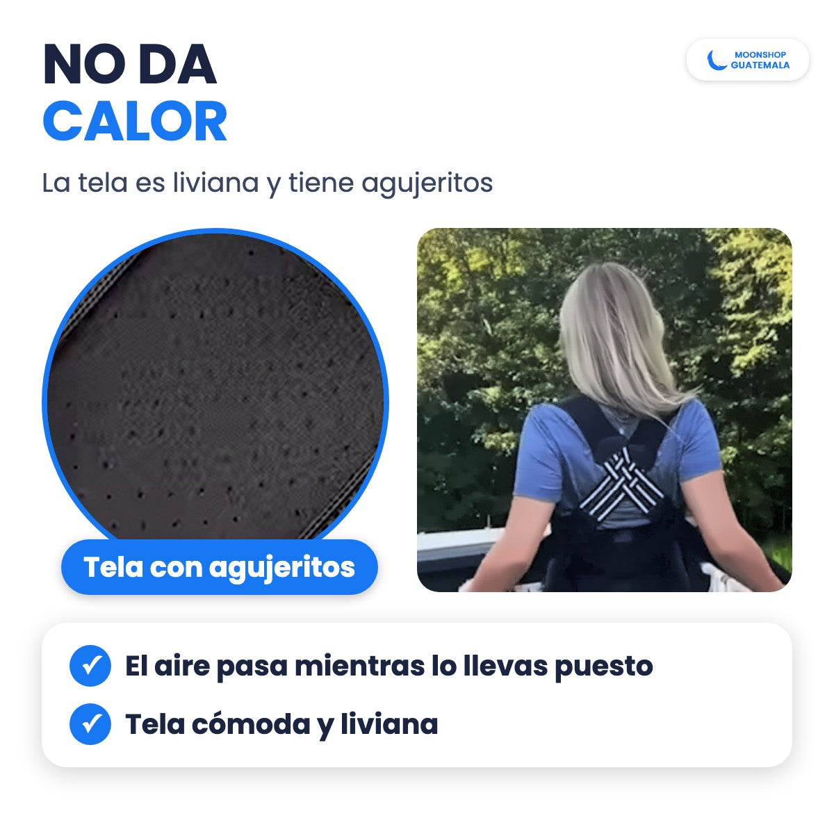 Acercamiento a la tela con agujeritos del corrector de postura y una mujer usándolo al aire libre