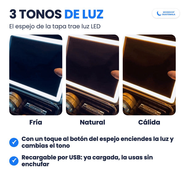 Espejo de la cosmetiquera con luz LED en 3 tonos: fría, natural y cálida, que cambias con el botón del espejo