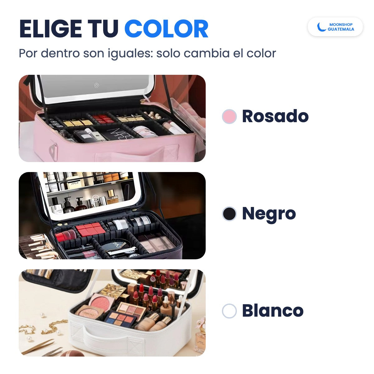 Cosmetiquera con espejo LED en rosado, negro y blanco