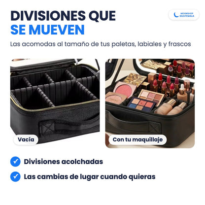 Cosmetiquera con divisiones acolchadas que se mueven, vacía y con maquillaje