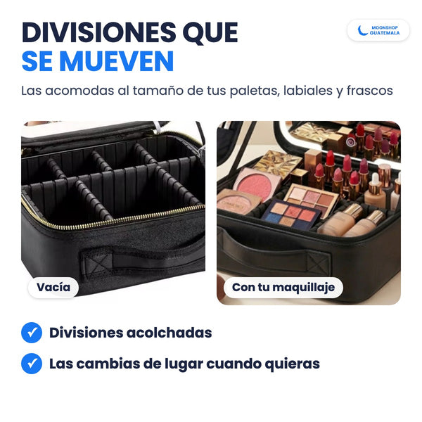 Cosmetiquera con divisiones acolchadas que se mueven, vacía y con maquillaje