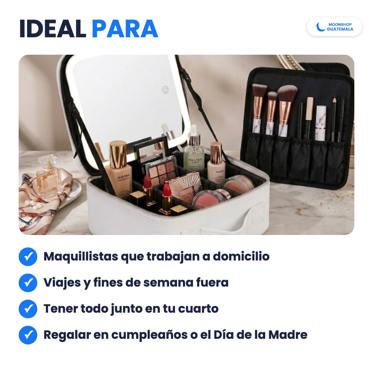 Cosmetiquera blanca con espejo LED y porta brochas en un tocador, ideal para maquillistas, viajes y para regalar