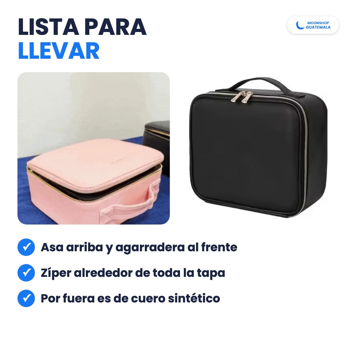 Cosmetiquera cerrada con zíper alrededor de la tapa y asa para llevarla