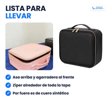 Cosmetiquera cerrada con zíper alrededor de la tapa y asa para llevarla