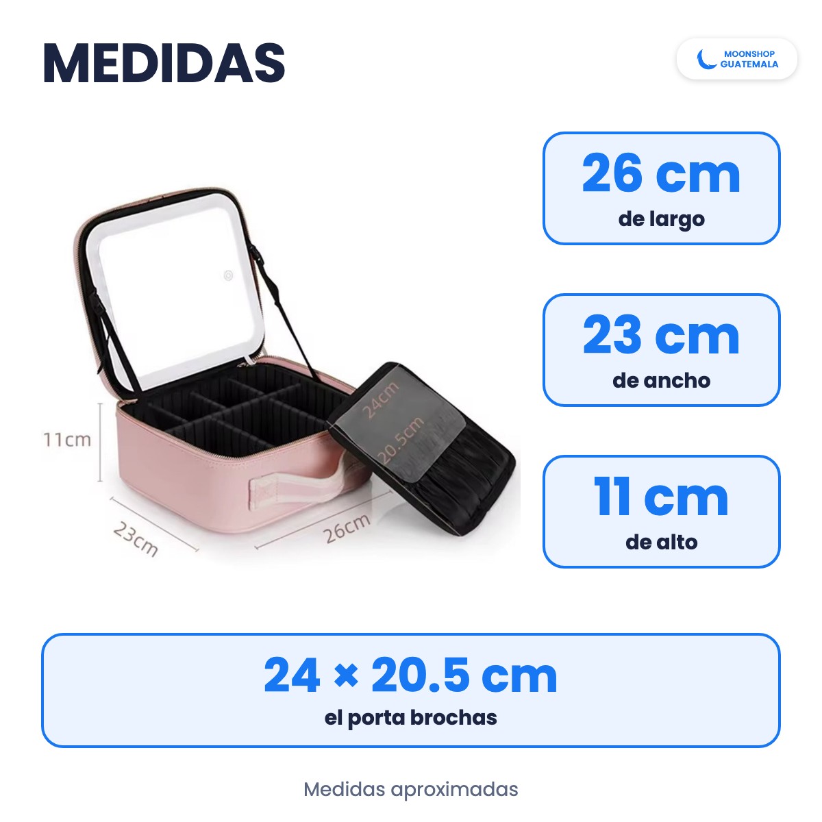 Medidas de la cosmetiquera: 26 cm de largo, 23 cm de ancho y 11 cm de alto; porta brochas de 24 por 20.5 cm