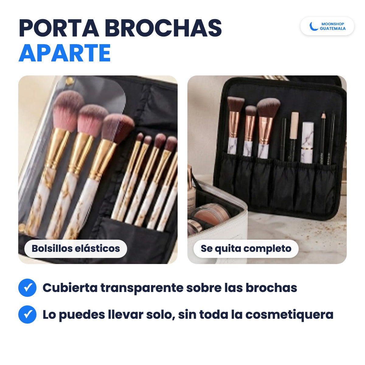 Porta brochas de la cosmetiquera con bolsillos elásticos y cubierta transparente, se quita completo