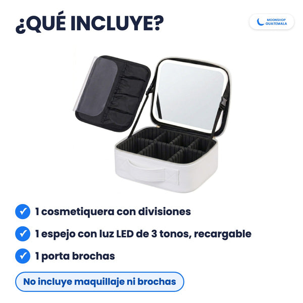 Qué incluye la cosmetiquera: cosmetiquera con divisiones, espejo con luz LED y porta brochas