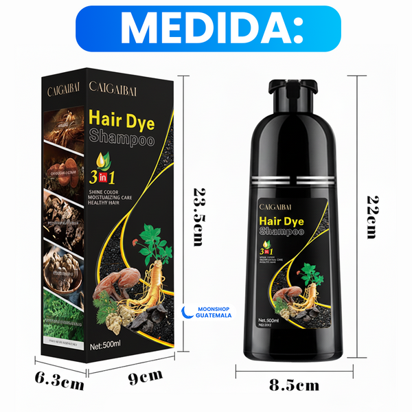 Medidas del shampoo tinte 3 en 1 tono negro: botella de 500 ml y su caja