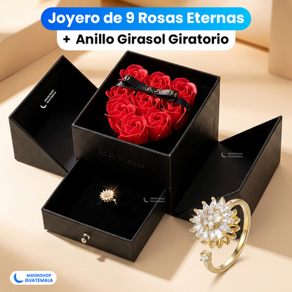 COMBO 💝 Joyero de 9 Rosas Eternas + Anillo Girasol Giratorio 🌻