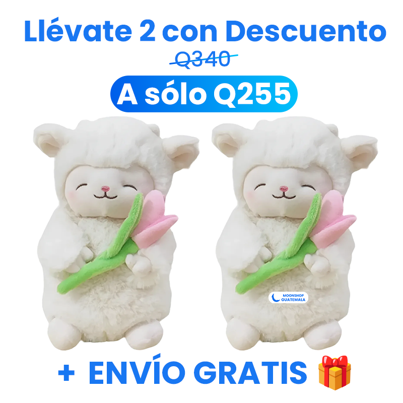 Corderito con Tulipán - Peluche de Cordero, Suave y Lindo