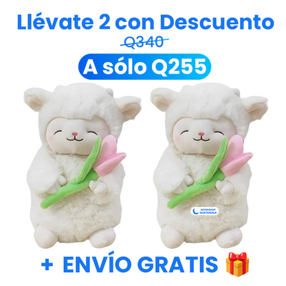 Corderito con Tulipán - Peluche de Cordero, Suave y Lindo