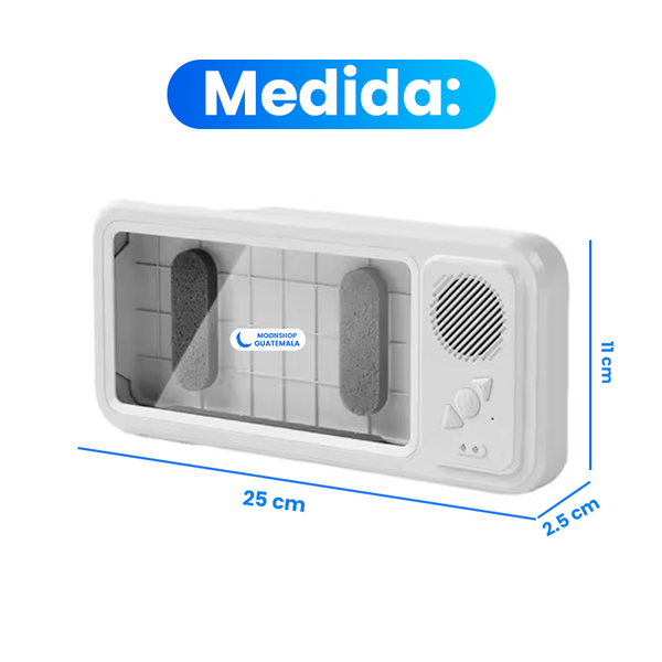 Altavoz impermeable pegado a la pared con sus 3 bases adhesivas incluidas