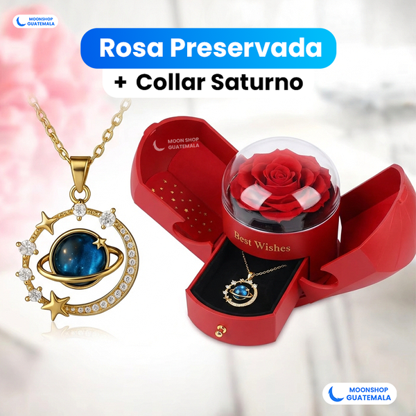 Rosa preservada y collar Saturno como regalo inolvidable para ella