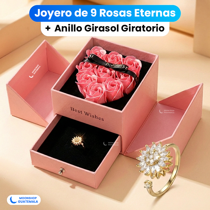 COMBO 💝 Joyero de 9 Rosas Eternas + Anillo Girasol Giratorio 🌻