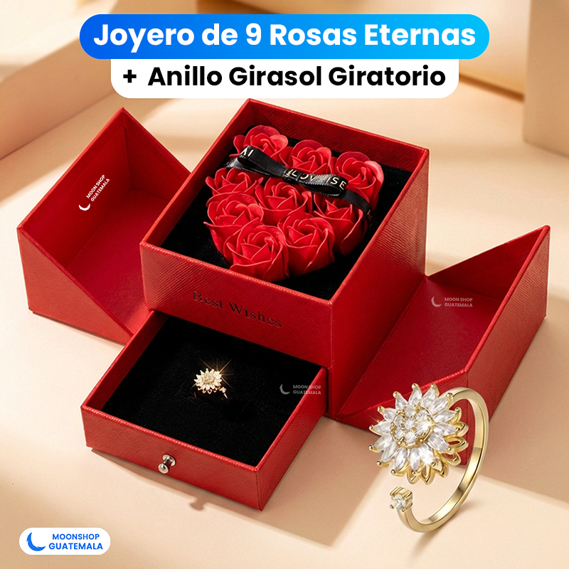 COMBO 💝 Joyero de 9 Rosas Eternas + Anillo Girasol Giratorio 🌻