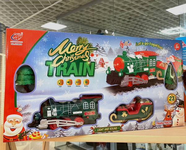 Detalle de la locomotora del tren navideño multicolor