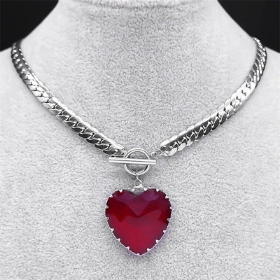 Collar Gargantilla con Corazón Rojo Carmesí de Vidrio y Cadena de Acero Inoxidable de 40 cm, Talla Única