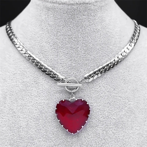 Collar gargantilla con corazón carmesí rojo intenso de acero inoxidable