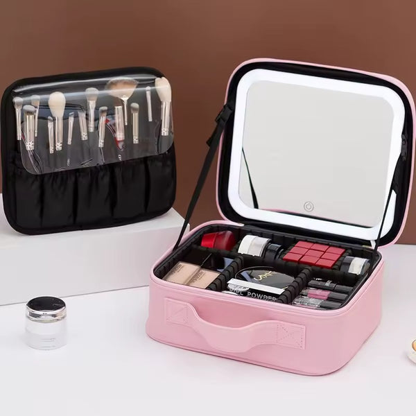 Cosmetiquera de Maquillaje con Espejo LED de 3 Tonos, Recargable por USB y Porta Brochas