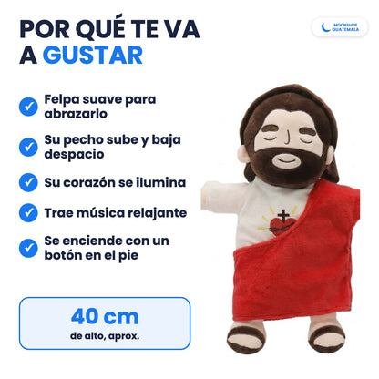 Peluche de Jesús que respira de felpa suave, de 40 cm de alto, que se enciende con un botón en el pie