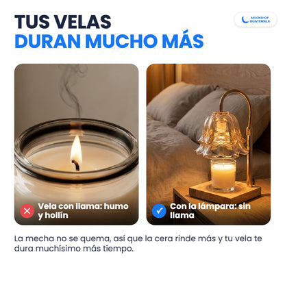 Vela con llama que hace humo y hollín contra la lámpara calentadora que derrite sin llama