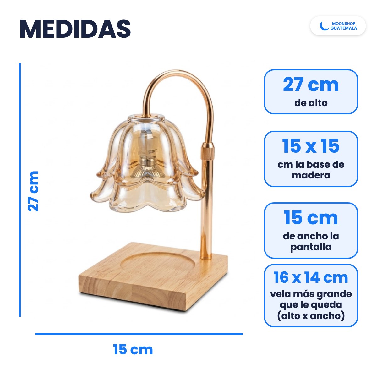 Medidas de la lámpara calentadora de velas: 27 cm de alto, base de 15 x 15 cm y le caben velas de hasta 16 cm de alto y 14 cm de ancho