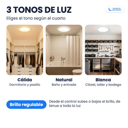 Lámpara de techo LED con 3 tonos de luz: cálida, natural y blanca, con brillo regulable