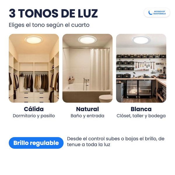 Lámpara de techo LED con 3 tonos de luz: cálida, natural y blanca, con brillo regulable