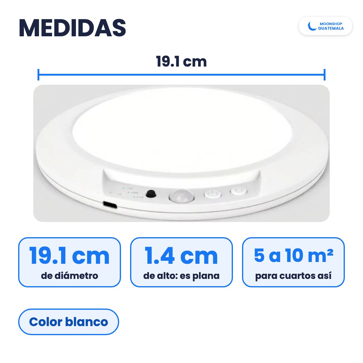 Medidas de la lámpara de techo LED: 19.1 cm de diámetro y 1.4 cm de alto