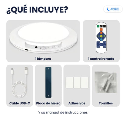 Qué incluye la lámpara de techo: lámpara, control remoto, cable USB-C, placa de hierro, adhesivos y tornillos