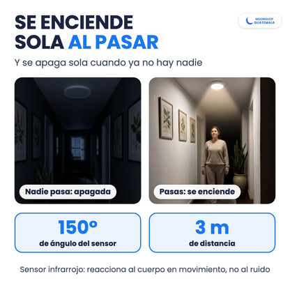 Lámpara de techo que se enciende sola al pasar: sensor de 150° que detecta hasta 3 metros