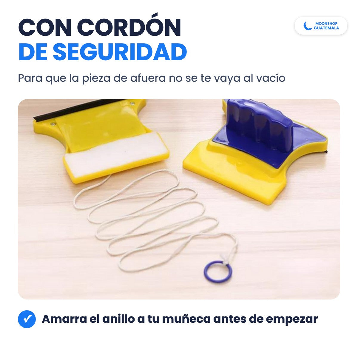 Cordón de seguridad con anillo del limpiavidrios magnético, para que la pieza de afuera no se caiga