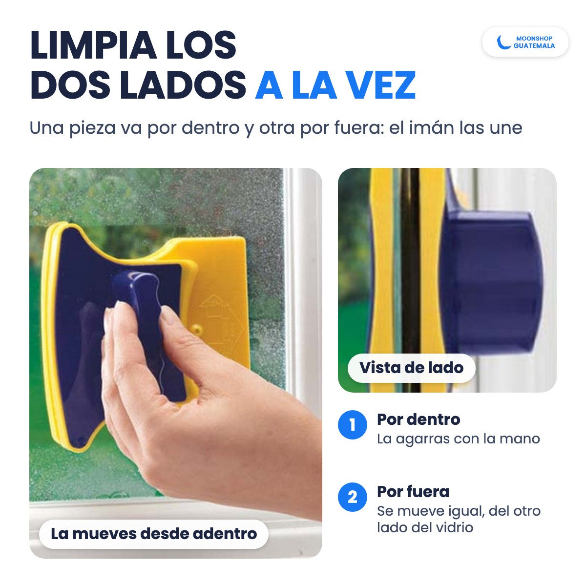 Limpiavidrios magnético: una pieza por dentro y otra por fuera que limpian los dos lados del vidrio a la vez