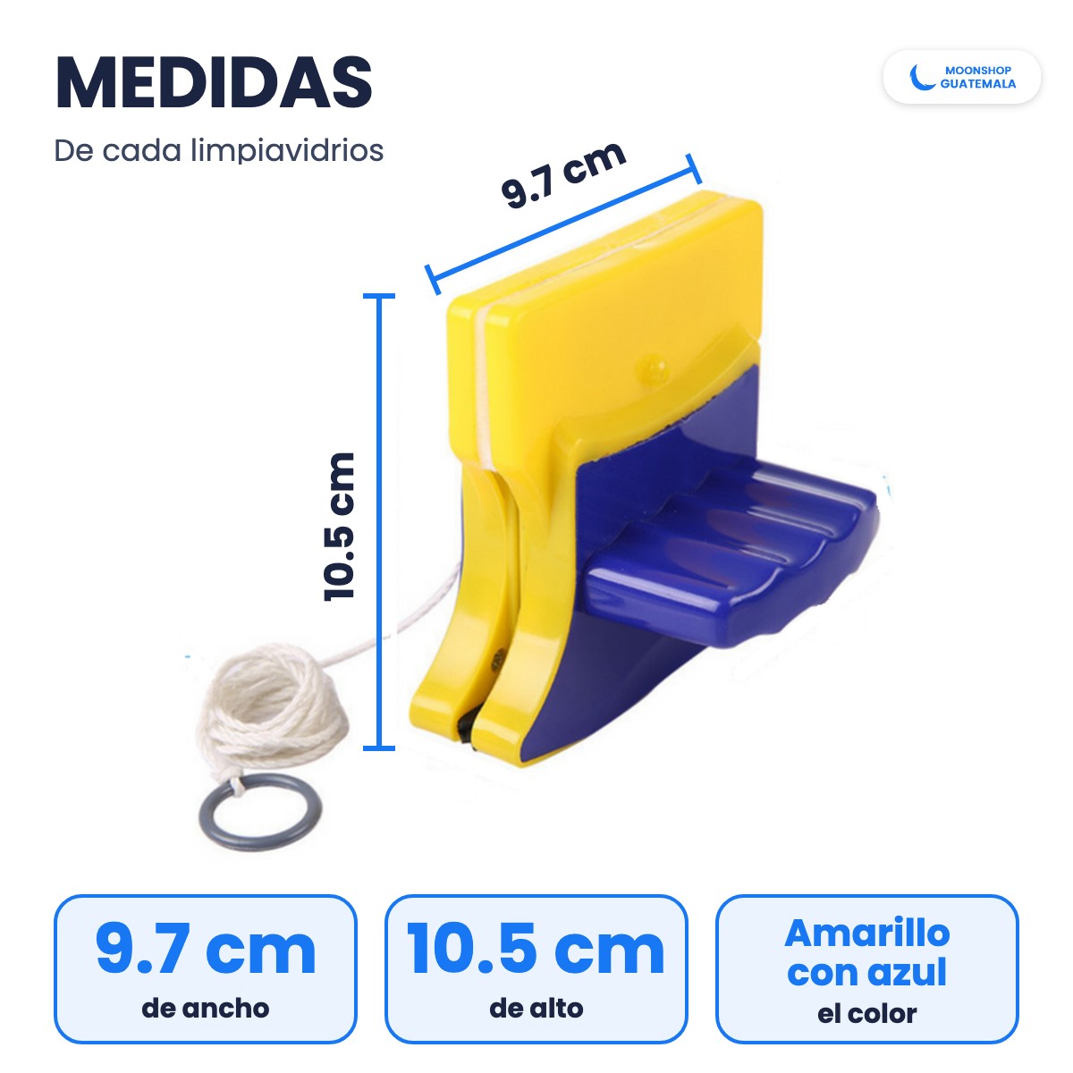 Medidas del limpiavidrios magnético: 9.7 cm de ancho por 10.5 cm de alto, color amarillo con azul