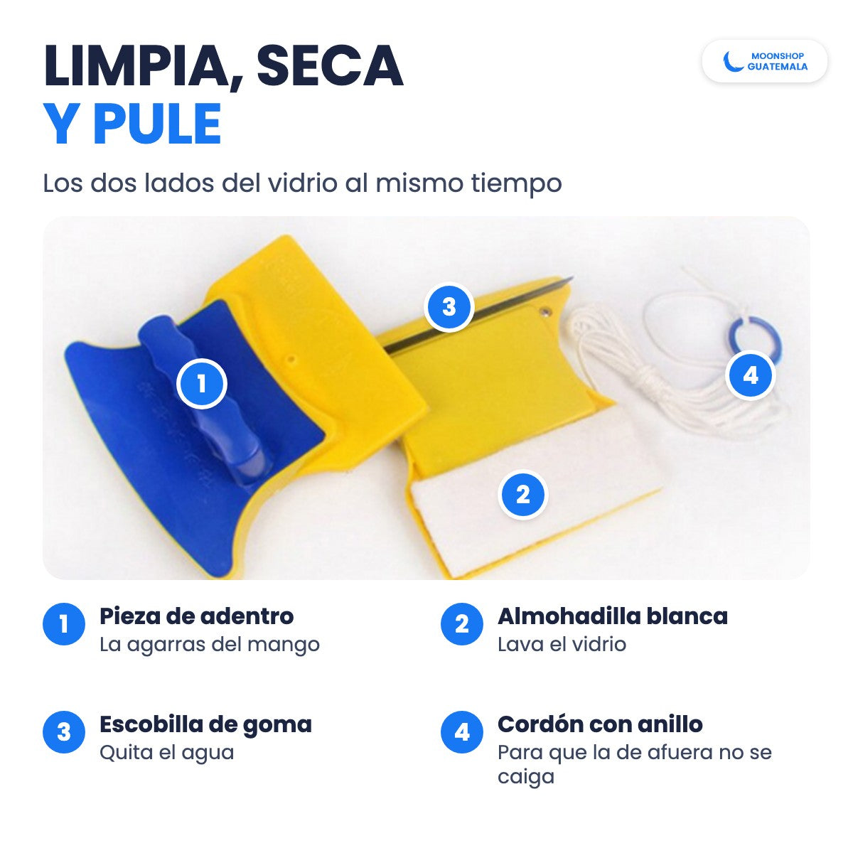Partes del limpiavidrios magnético: pieza de adentro con mango, almohadilla blanca, escobilla de goma y cordón con anillo