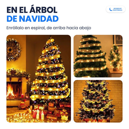 Listón con luces LED dorado enrollado en espiral en tres árboles de Navidad