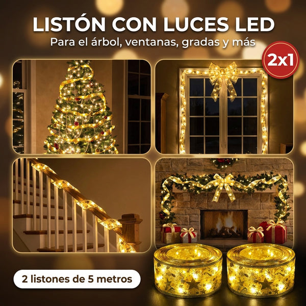 Listón con luces LED dorado para árbol, ventanas, gradas y chimenea, 2x1