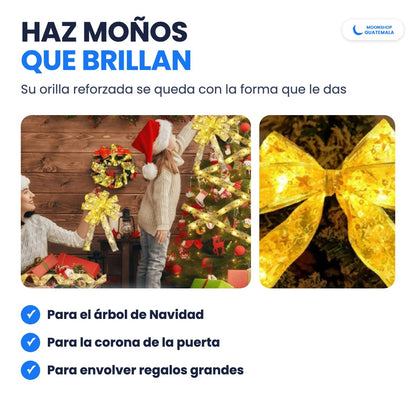 Moños hechos con el listón de luces LED para el árbol, la corona de la puerta y los regalos