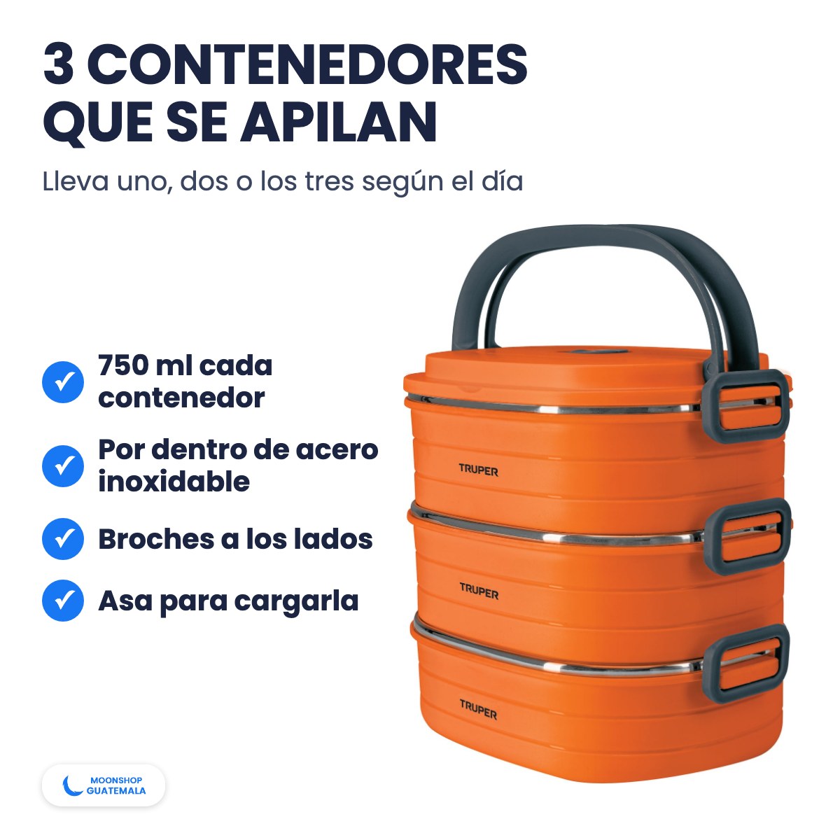 Lonchera con 3 contenedores de 750 ml que se apilan, por dentro de acero inoxidable