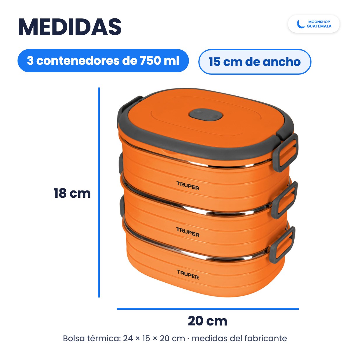 Medidas de la lonchera térmica: 20 cm de largo, 15 cm de ancho y 18 cm de alto