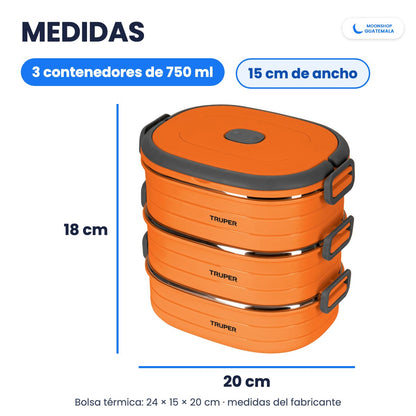 Medidas de la lonchera térmica: 20 cm de largo, 15 cm de ancho y 18 cm de alto