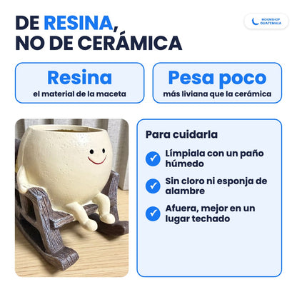 Maceta carita feliz de resina, más liviana que la cerámica, y cómo cuidarla con un paño húmedo