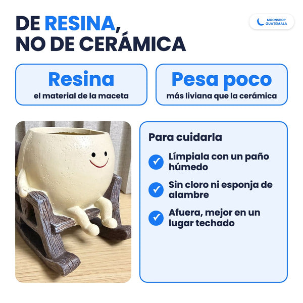 Maceta carita feliz de resina, más liviana que la cerámica, y cómo cuidarla con un paño húmedo